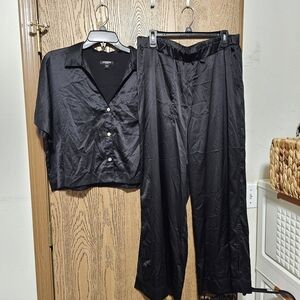 Express Black Satin Lounge Set- Button-Up Top and Wide Leg Pants Set